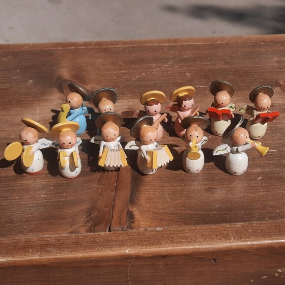 Miniature Angel Choir Painted Wood Musical Band with Instruments VTG Holiday 1.5 - Picture 1 of 15